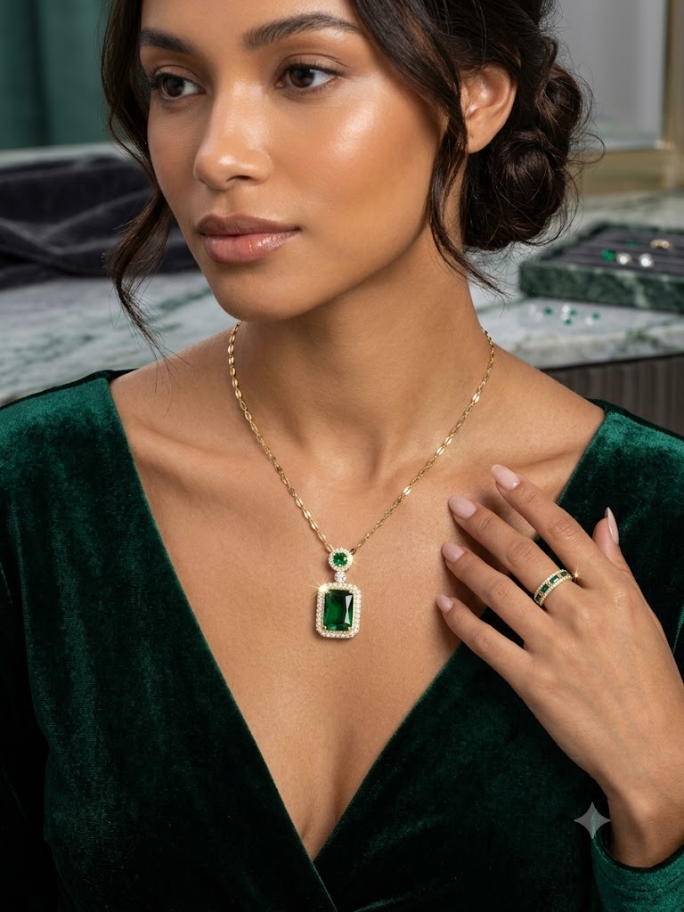 Image of Elegant Green Emerald Gold Necklace | Imistyle Jewellery